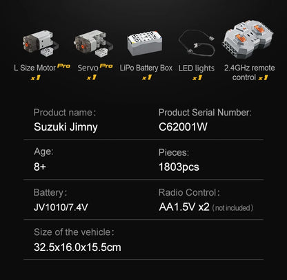 Suzuki Jimny CaDA – 4x4 Off-Road Télécommandé à Construire (1803 pièces + Accessoires)